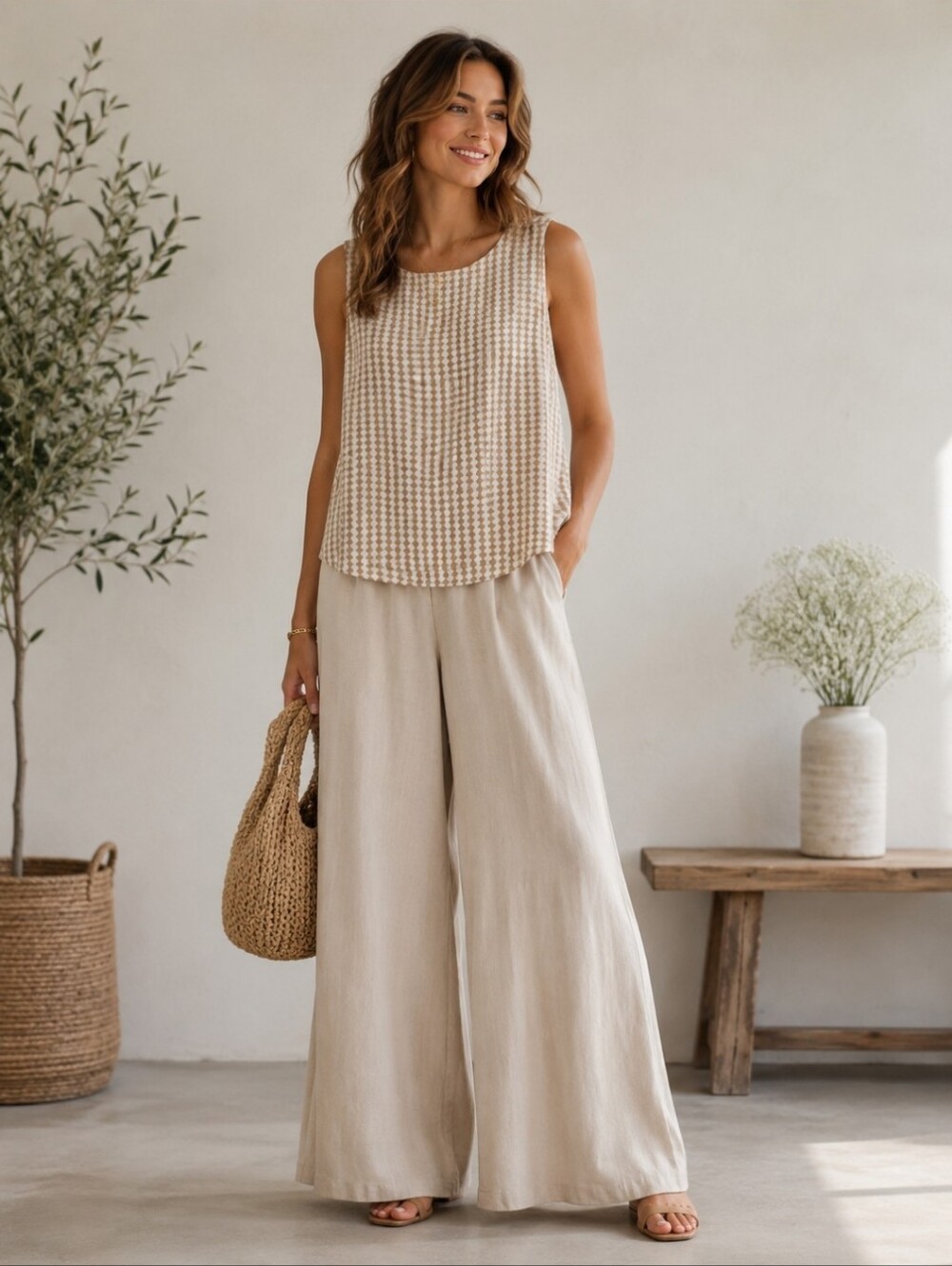 Joan Rivers | Y2K Beige Taupe Geometric Sleeveless Blouse | Flowy Layered Hem